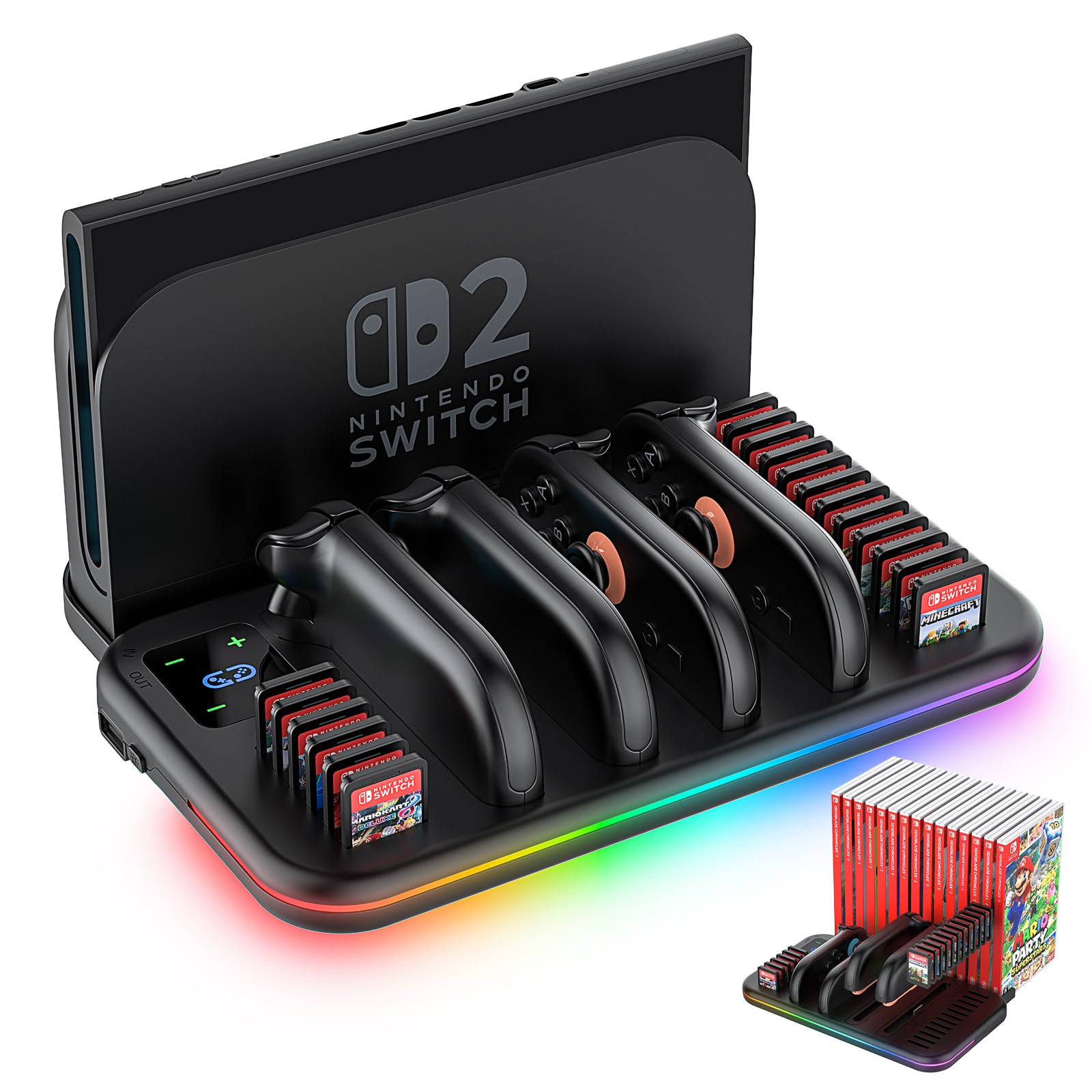 Switch 2 Dock, Charging Dock for Joycon 2, Nintendo Switch 2 Accessories, RGB Games Organizer Docking Station with Controller Charger with 18 Game Card Slots and Cable
