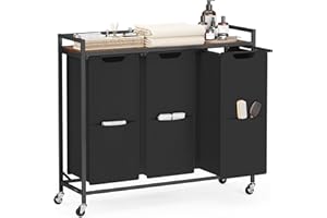 VASAGLE Laundry Sorter, 43.5 Gal. (165 L) Laundry Hamper Basket with 3 Compartments, Rolling Cart with Wheels, Shelf, Removable Bags, Pockets, Ink Black and Rustic Brown UBLH031B01