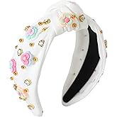 Gmmidea Flower Knotted Headbands for Women Sparkly Beaded Crystal Floral Headband Wide Top Knot Fancy Embellished Hairband Fashion Girls Summer Holiday Hair Accessories B-White