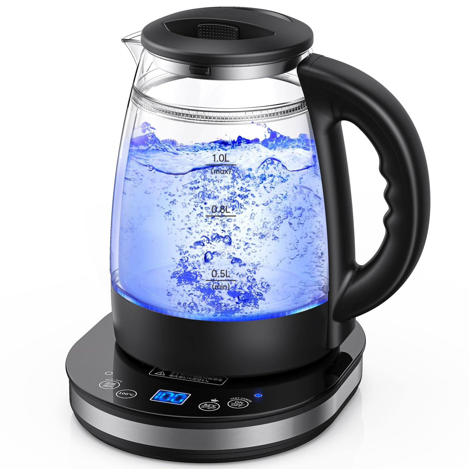 Electric Kettle Glass, 3.3 gal (1.0 L) LED Light, 2023 Upgraded, Keeps You Cool to the Touch, Double Layer Construction, 9 Temperature Control, 24 Hours Heat Retention, Empty Heating Prevention, Smal