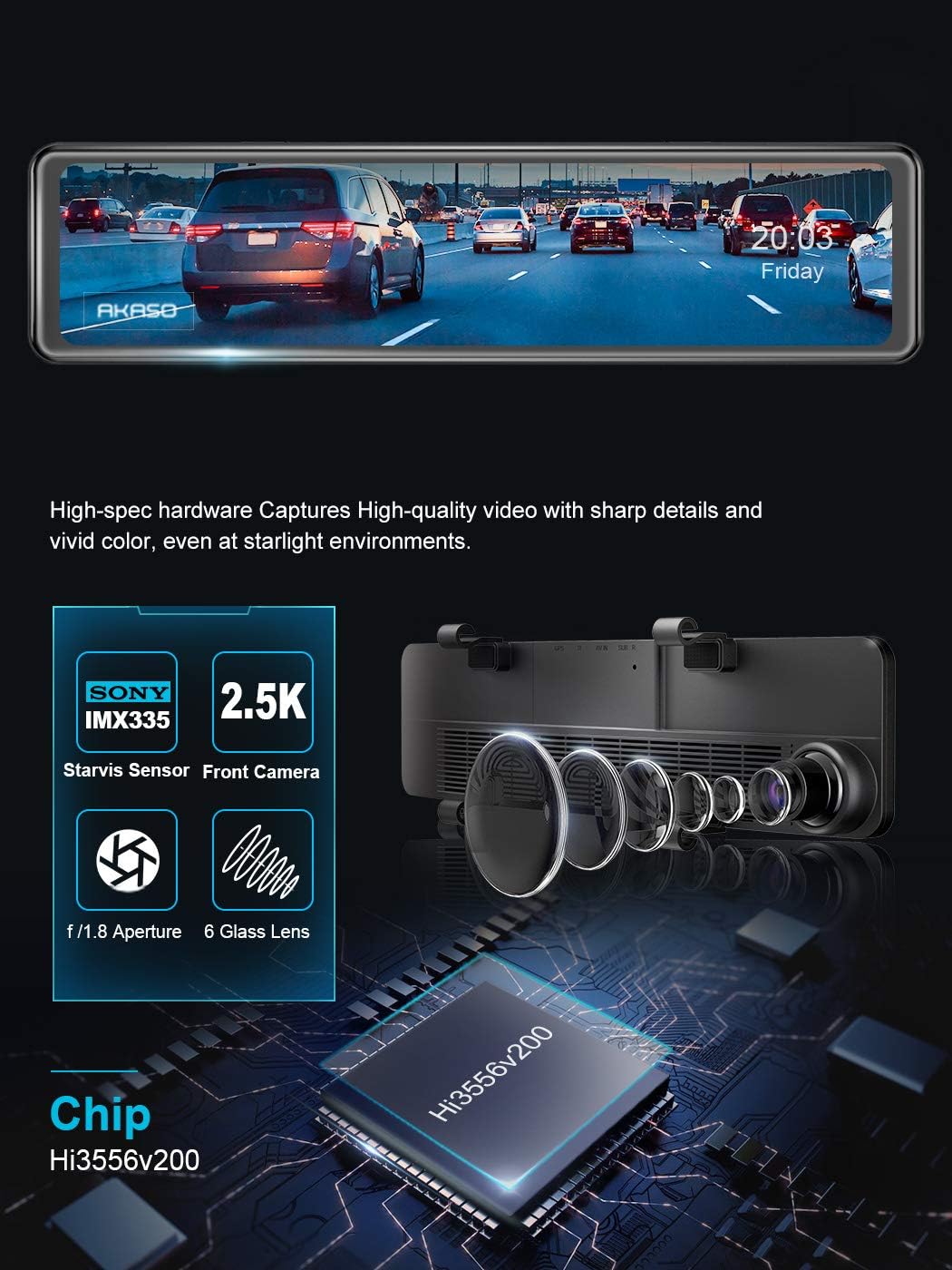 AKASO DL12 2.5K Mirror Dash Cam 12" Touch Screen Front and Rear Dual