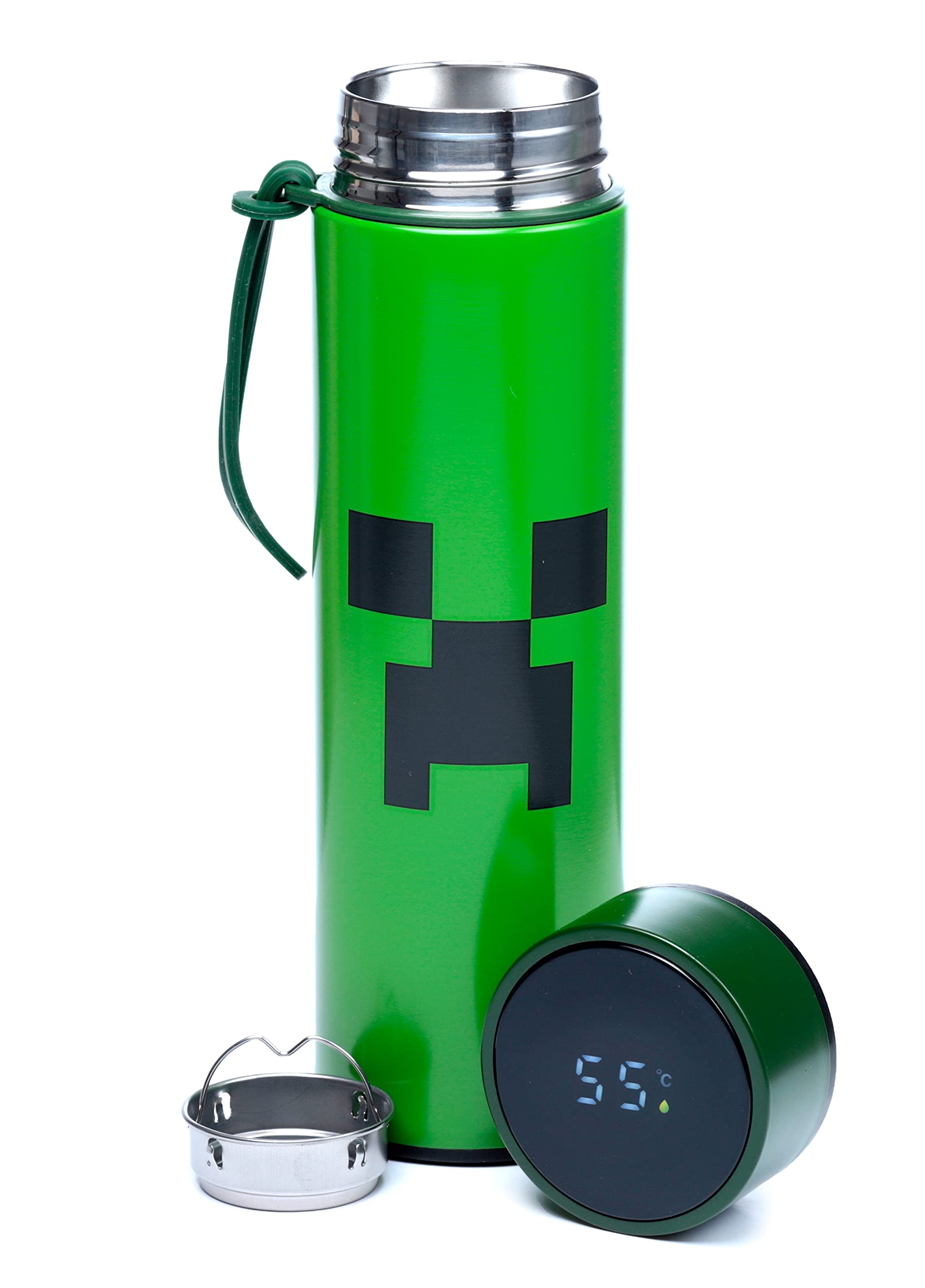 Puckator Minecraft - Stainless Steel Water Bottle with Led Temperature Display - Cold for 24h and Hot for 6h - Metal Water Bottles with Creeper - Modern Thermos Flask - Bpa Free - 450 ml