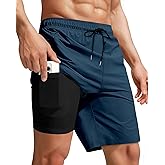 Yufawow Men Swim Trunks with Compression 9 Inches Breathable Liner Quick Dry Zipper Pockets for Board Beach Gym Running