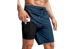 Yufawow Men Swim Trunks with Compression 9 Inches Breathabe Liner Quick Dry Zipper Pockets for Board Beach Gym Running
