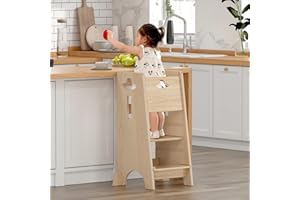 COSYLAND Toddler Standing Tower Adjustable Height - Super Stable Kids Kitchen Stool Helper with Protive Panel - 3 Levels Adjustable Wooden Toddler Kitchen Stool (All Natural)