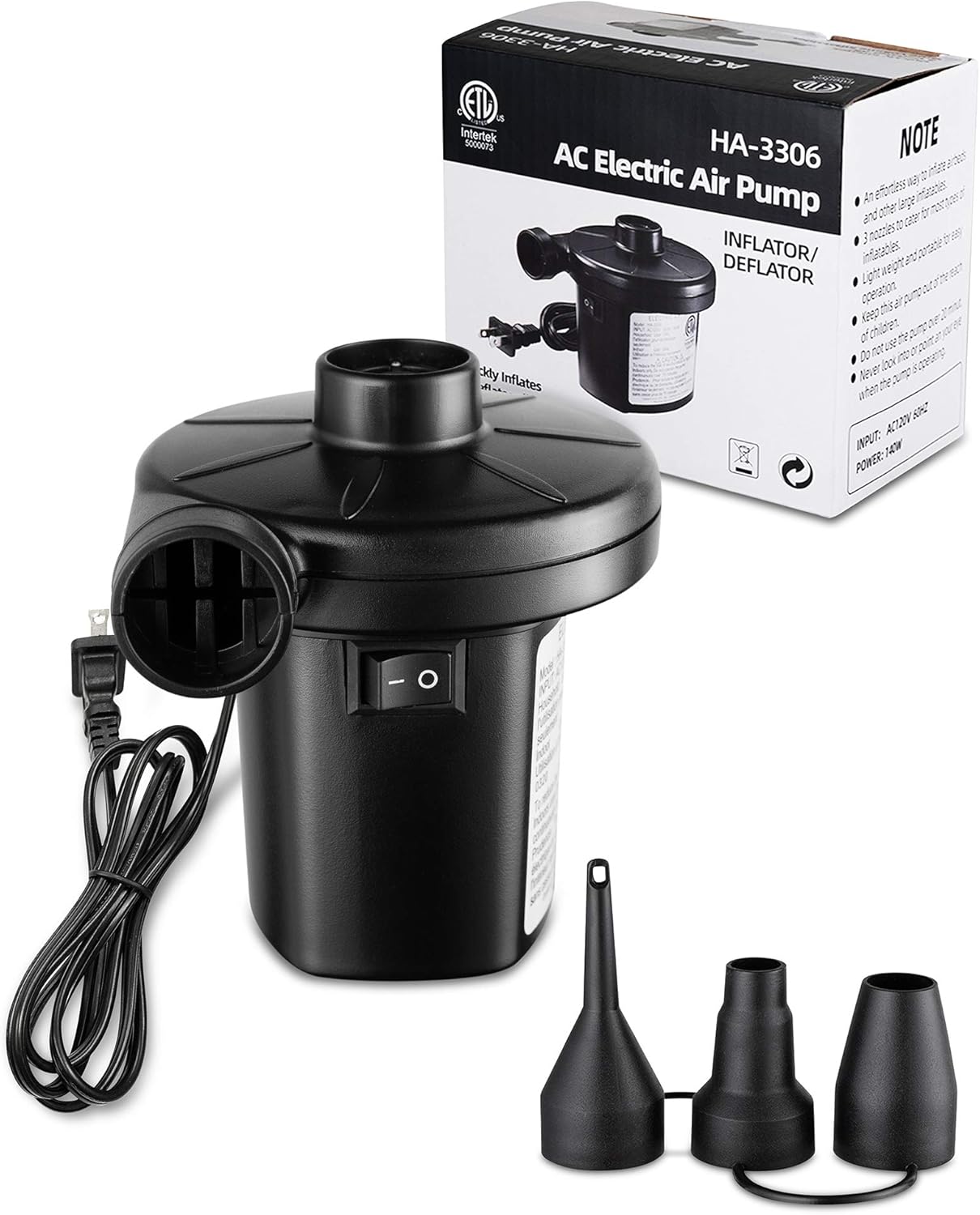 FiveJoy Electric Air Pump, Quick-Fill AC Inflator Deflator with 3 Nozzles, 120 Volt Portable Air Mattress Pump for Outdoor Camping, Inflatable Couch, Pool Floats, Boats, Swimming Ring (AC Pump (140W)): Sports & Outdoors