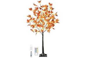 TIYIVIRI 4FT 60LED Lighted Maple Tree - Fall Thanksgiving Decor Artificial Tree with 6 Acorns 120 Leaves, Remote 8 Flashing Modes, Timing, DC 5V Safe for for Indoor Outdoor Harvest Decoration
