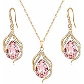 EVEVIC Austrian Crystals Teardrop Hollow Twisted Pendant Necklace Earrings for Women 14K Gold Plated Halo Drop Dangle Earrings Hypoallergenic Jewelry Set