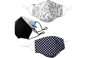 LULU STARR NEW YORK 3PK Three Layer Cotton Cloth Face Mask with Filter Pocket, Nose Wire Bridge, Adjustable Ear Loops. Reusable Washable Breathable Fabric Face Covering with Design. 1 Black Mask + 2 Designer Print Masks