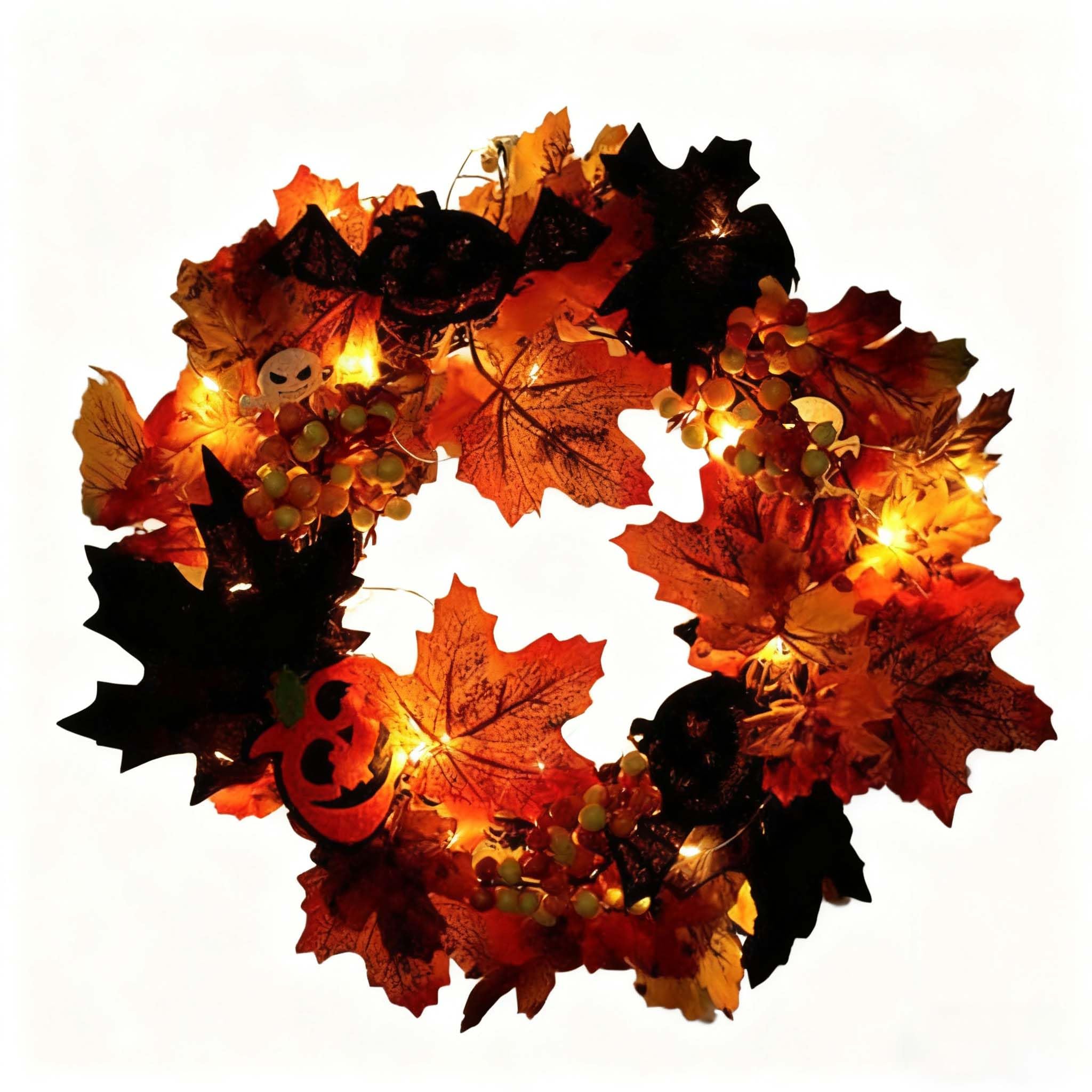 Warmiehomy 35cm Artificial Halloween Autumn Door Wreath with LED Light, Hanging Wall Window Front Door Wreath Garland for Home Party Decoration with Maple Leaves Berries Rattan (without hanger)