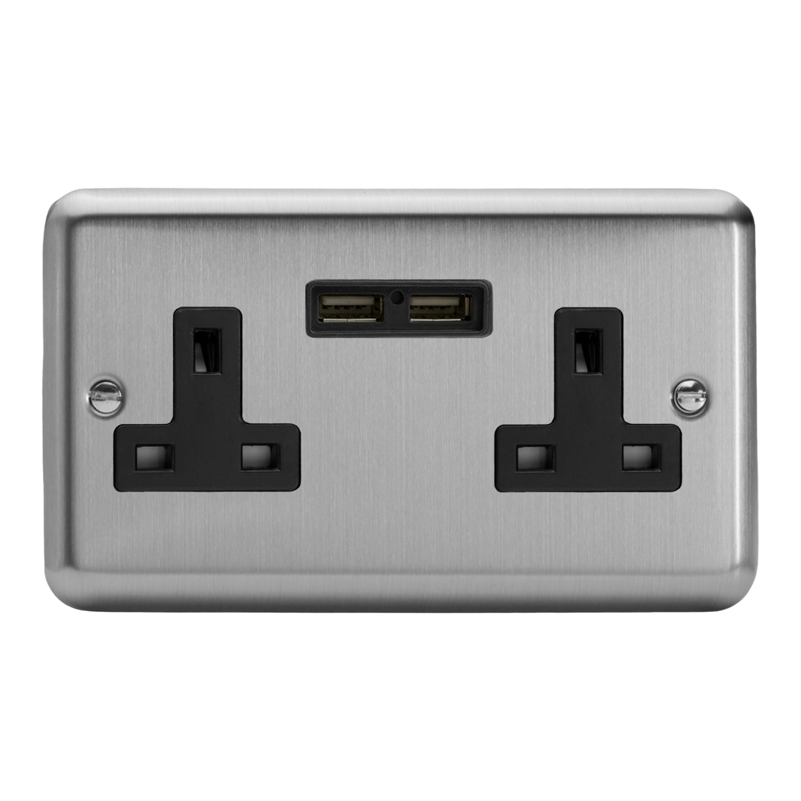 Varilight Double Unswitched Plug Socket with USB Charging - Value Matt Chrome with Black Insert, XS5U2B
