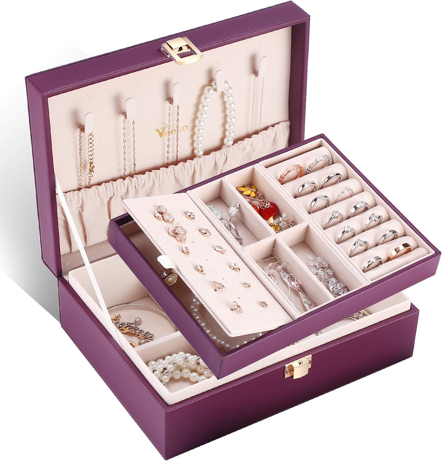 Voova Jewelry Box Organizer for Women Girls, 2 Layer Large Men Jewelry Storage Case, PU Leather Display Jewel Holder with Removable Tray for Necklace Earrings Rings Bracelets, Vintage Gift, Purple: Home Improvement