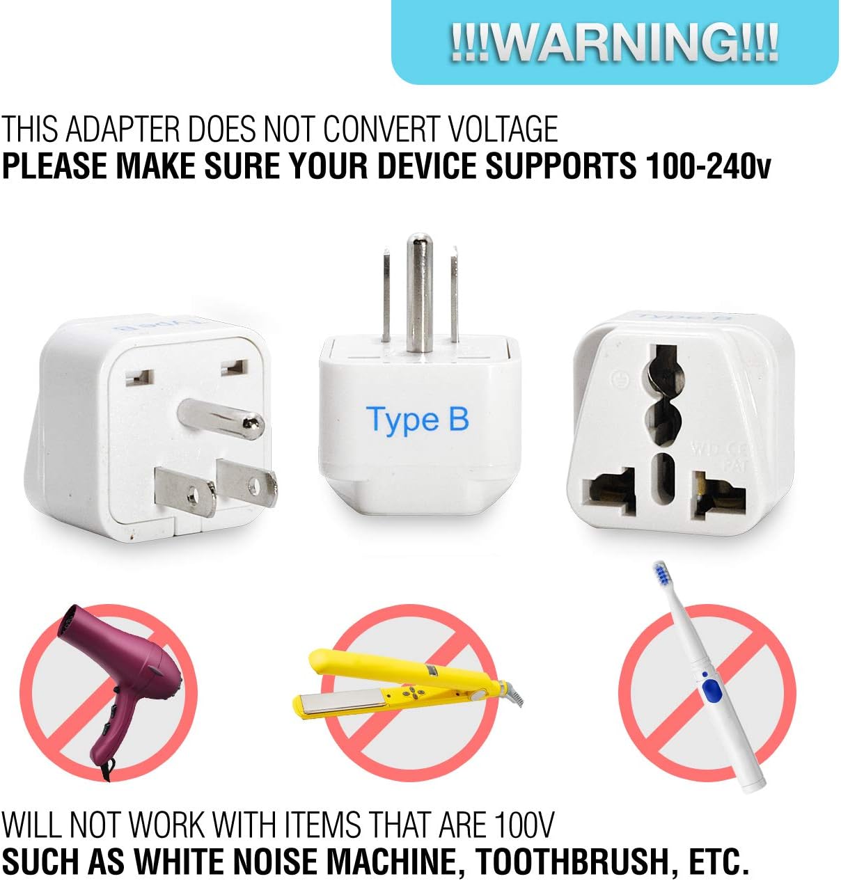Ceptics USA, Canada Universal Travel Plug Adapter (Type B) -Convert Europe, UK, India, Australia to American Socket - Round to Flat Pin - 3 Pack (GP-5-3PK): Home Audio & Theater