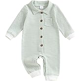 Doqcey Newborn Baby Boy Clothes Stripe Collared Romper Waffle Knit Long Sleeve Button Up Jumpsuit Bodysuit Fall Winter Outfit