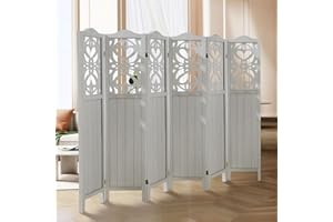 ALeesing 6 Panel Room Divider Fully Assembled, Carved Room Dividers and Folding Screens, 5.6Ft Wood Room Divider Screen Freestanding Partition Wall Dividers for Home Bedroom Office, Rustic White