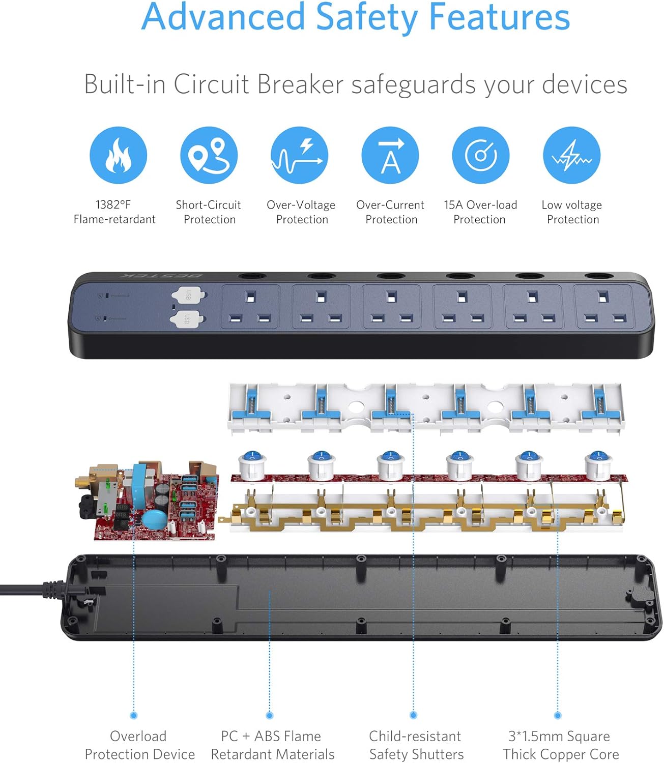 Surge Protection Extension Lead, BESTEK 6 Way 1.8M Individual Switch