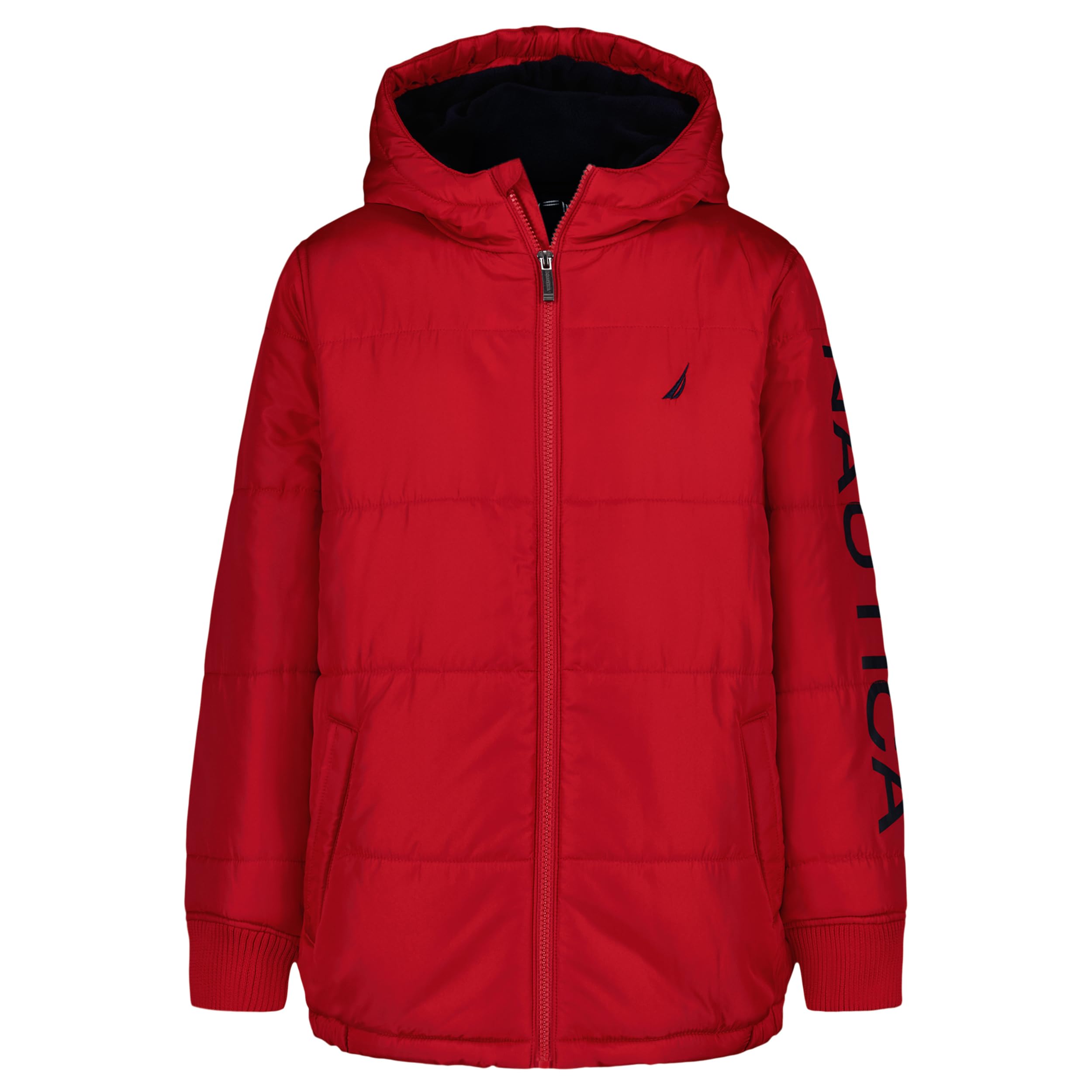 Nautica Boys' Heavyweight Hooded Bubble Jacket with Polar Fleece Lining, Tango Red/Navy, 8 Image