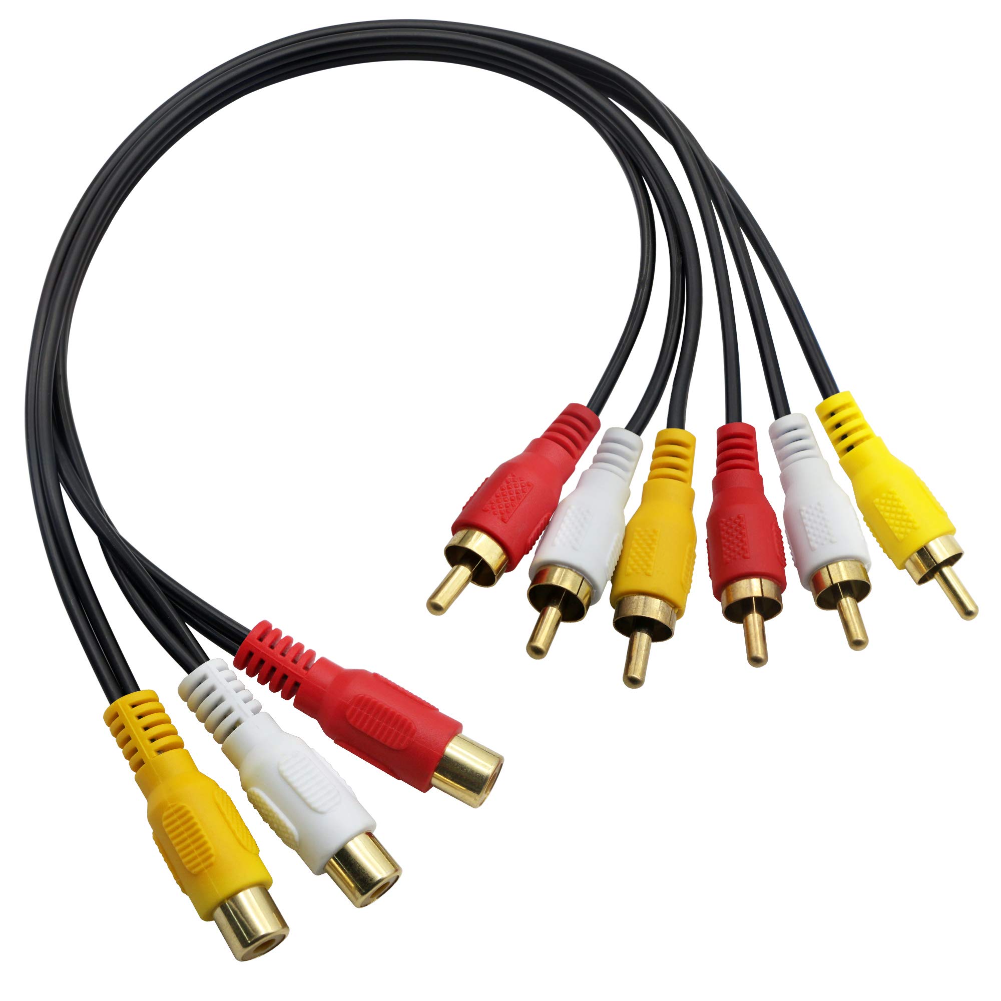 3 RCA Female to 6 RCA Male Audio Video Splitter Cable Composite Extension AV Adapter for TV,DVD,Set-Top Box,Etc.-1FT.