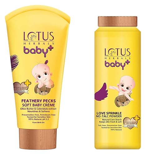 Lotus Herbals Baby+ Feathery Pecks Soft Baby Crme, 50g and Love Sprinkle No-Talc Powder, 100g