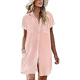 AI'MAGE Womens Bathing Suit Cover Ups Summer Shirt Dress Casual Short Sleeve Button Down Beach Shirts with Pockets S-XXL