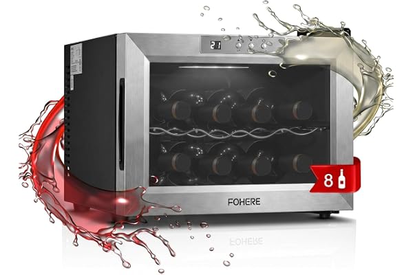 FOHERE 8 Bottles Small Wine Fridge, Countertop Wine Fridge with Double Glass Doors, LED Light, Digital Temperature Control, Wine Cellar for Bar, Home, Office, Stainless