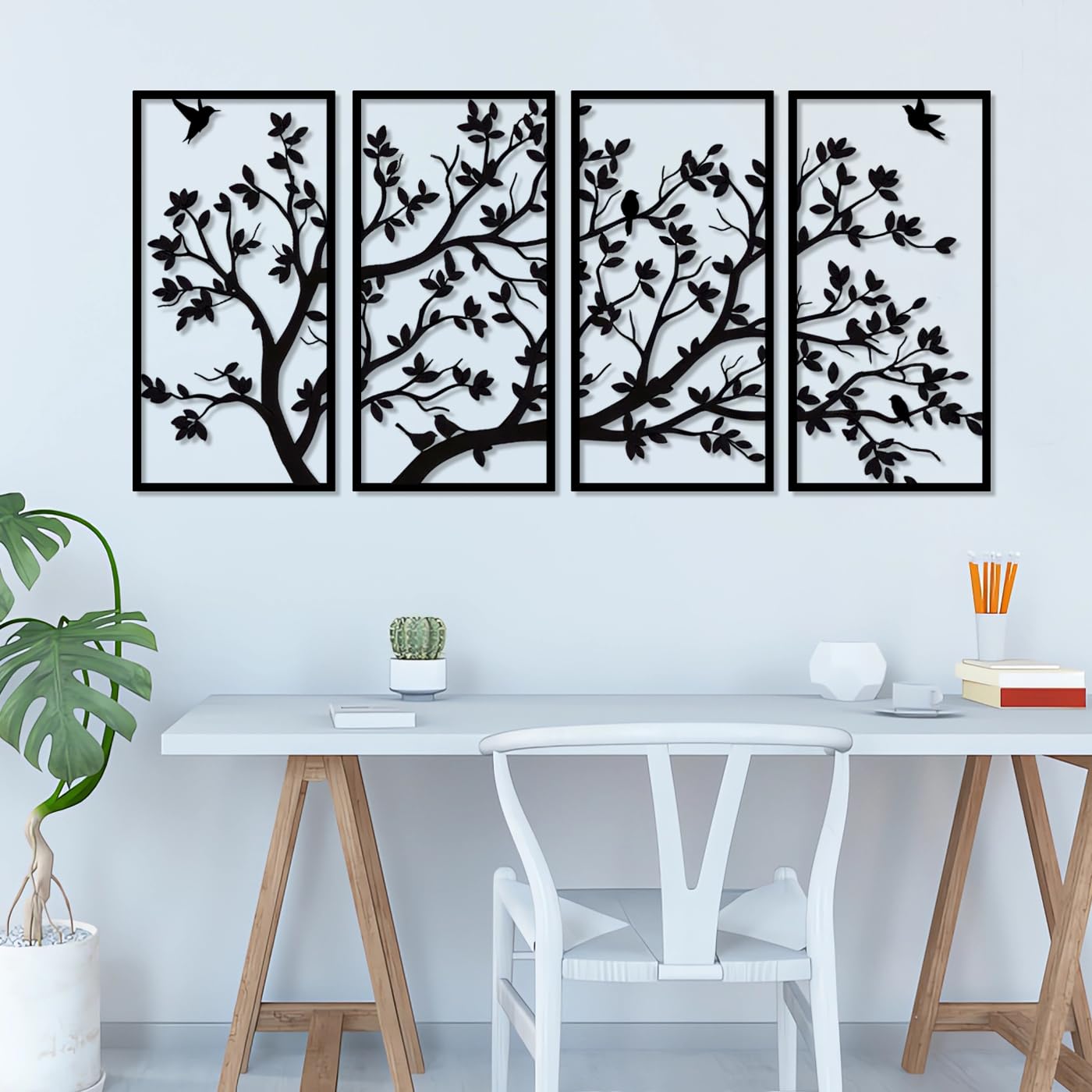 Pduoduo Metal Tree of Life Wall Art Decor 4 Panels Tree Life Metal Wall Art for Gift Present Garden Home Bedroom Living Room(60cm*30cm/23.6in*11.8in
