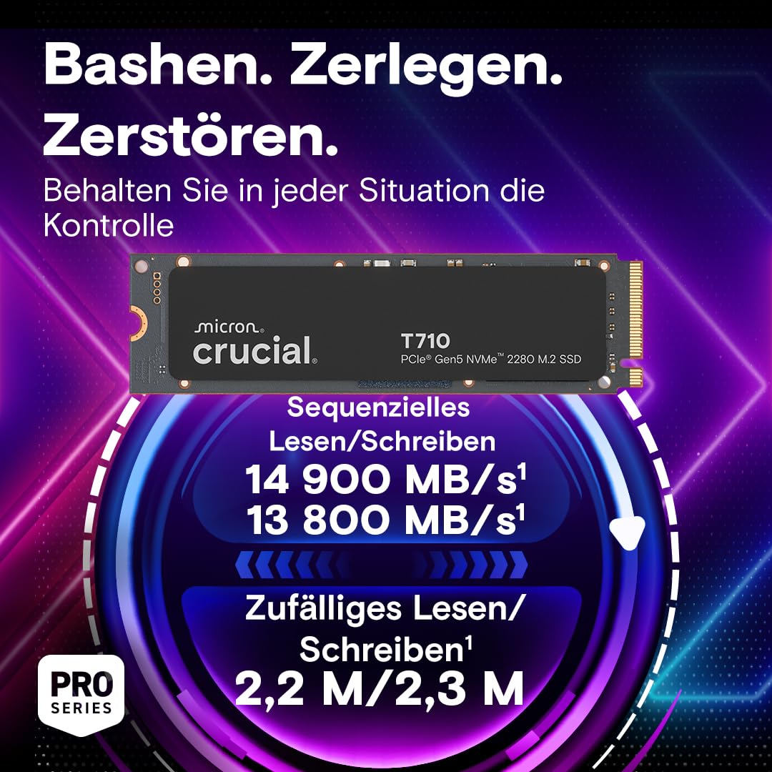 Crucial T710 SSD 4TB M.2 NVMe PCIe 5.0 x4 Gen5, bis zu 14.500 MB/s Lesen, 13.800 MB/s Schreiben, für Laptop und Desktop PC, TLC NAND, Interne Festplatte - CT4000T710SSD8-01 2