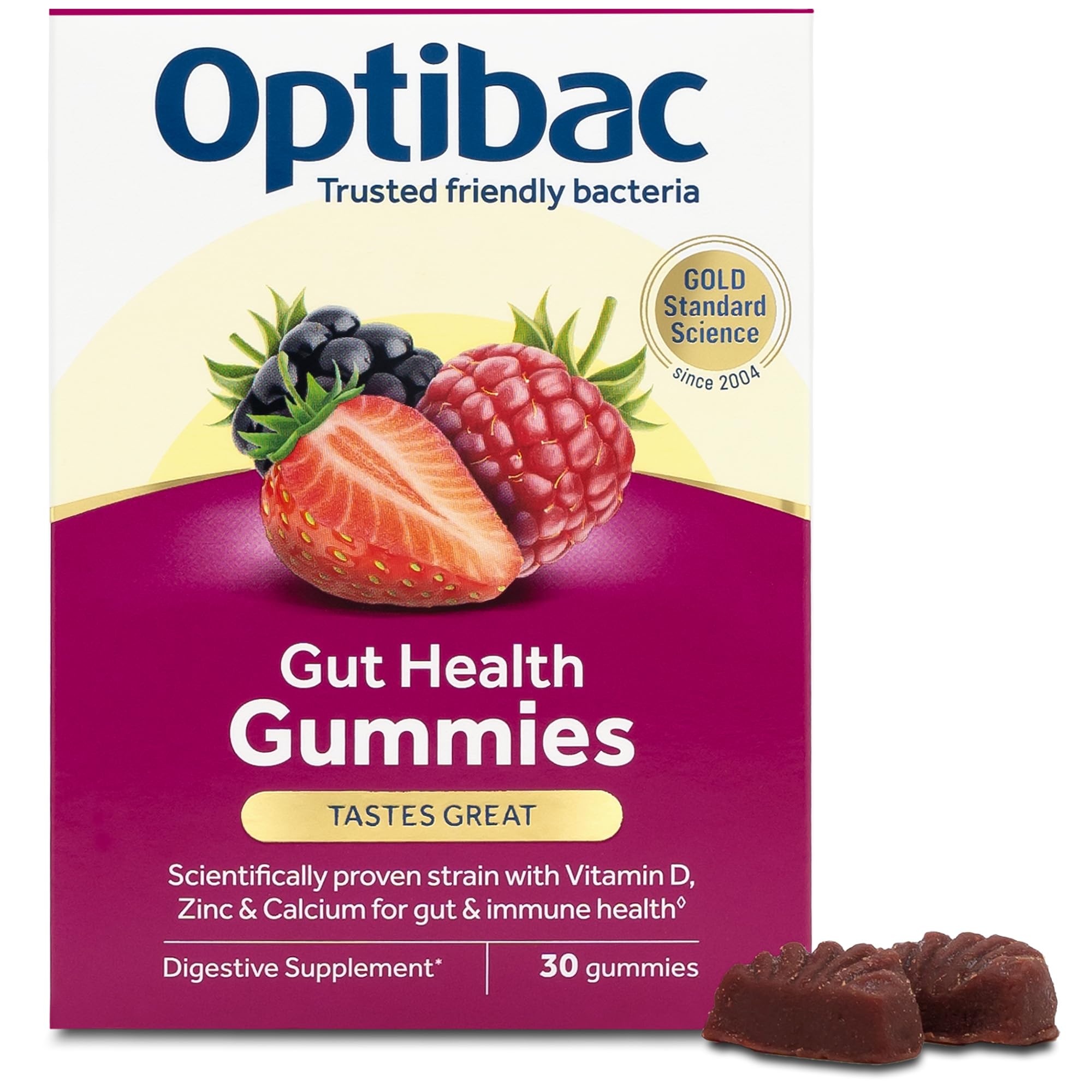 Optibac Probiotics Gut Health Gummies - Vegan Digestive Probiotic Supplement - Vitamin D, Zinc & Calcium for Immune Support & Gut Health - Most Trusted & Recommended Brand - 30 Gummies