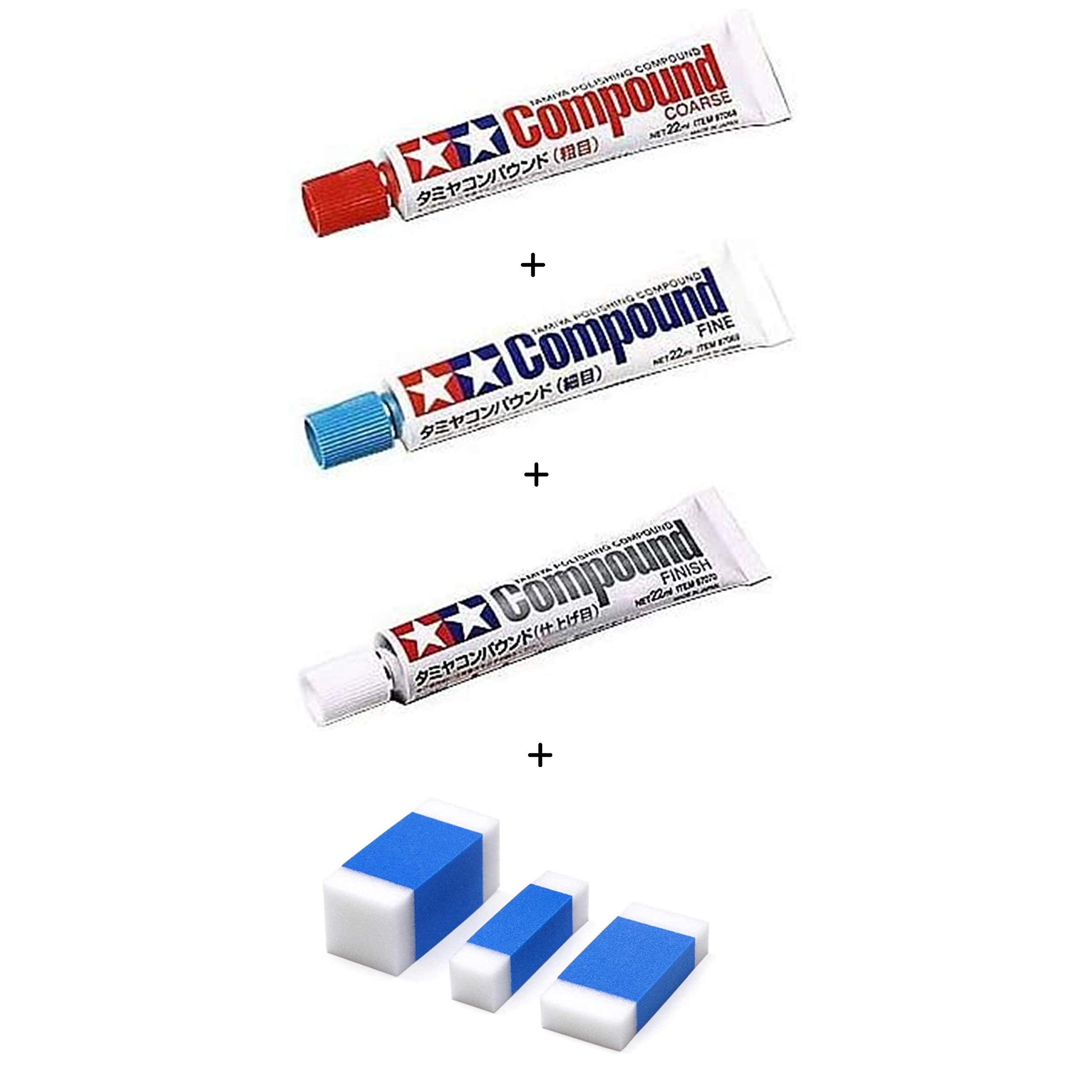 Tamiya Compound (Coarse, Fine, Finish) + Tamiya Makeup Material Series Sponge Tool Set