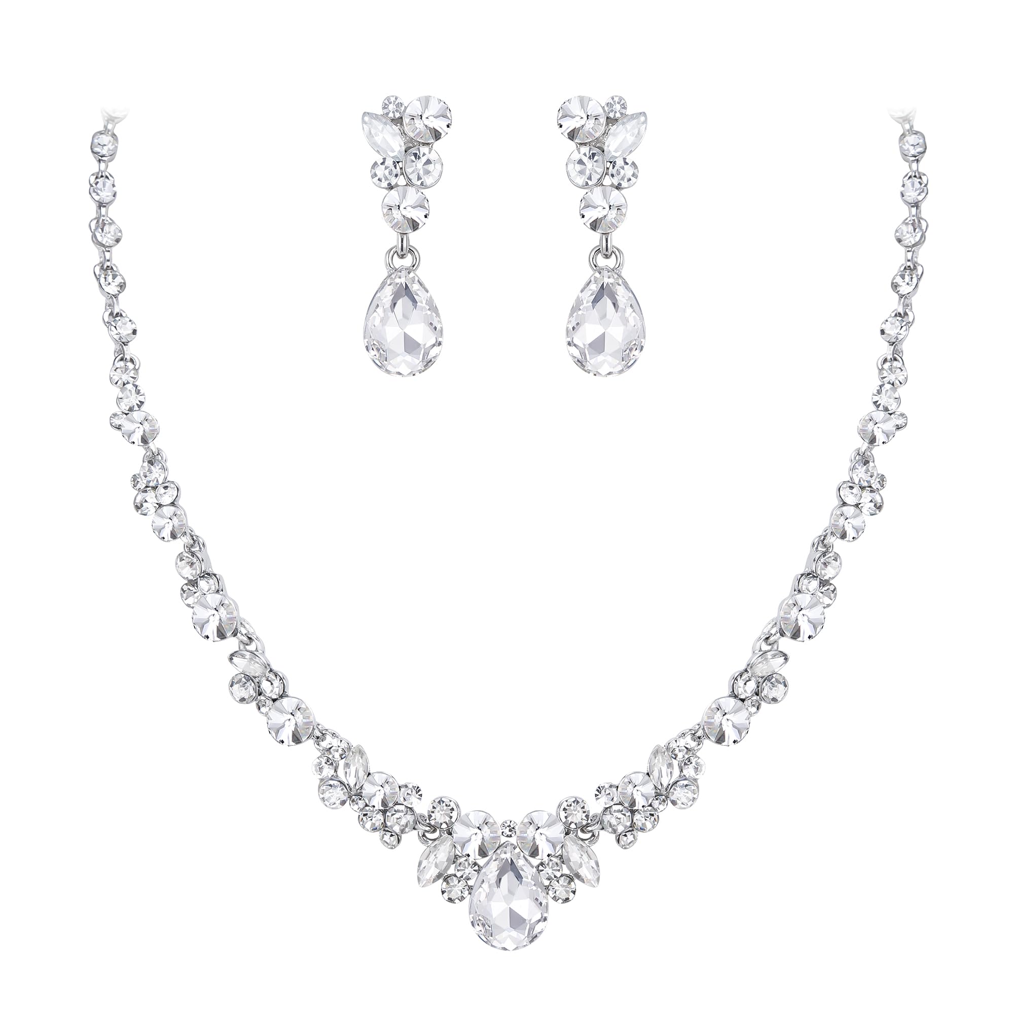 Ever Faith Bridal Jewellery Set Clear Rhinestone Crystal Wedding Party Floral Teardrop Necklace Earrings Sets for Brides Silver-Tone