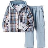 Plardeer Boys 2PC Pants Set Plaid Flannel Hoodies Sweatshirt Button Down Jacket and Cargo Sweatpants Sets Sweatsuit 4-14Y