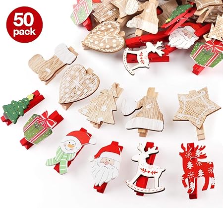 Accessori Natale.50 Pezzi Natale Addobbi Accessori Wooden Peg Mollette In Legno Per Foto Carta Absofine Amazon It Casa E Cucina