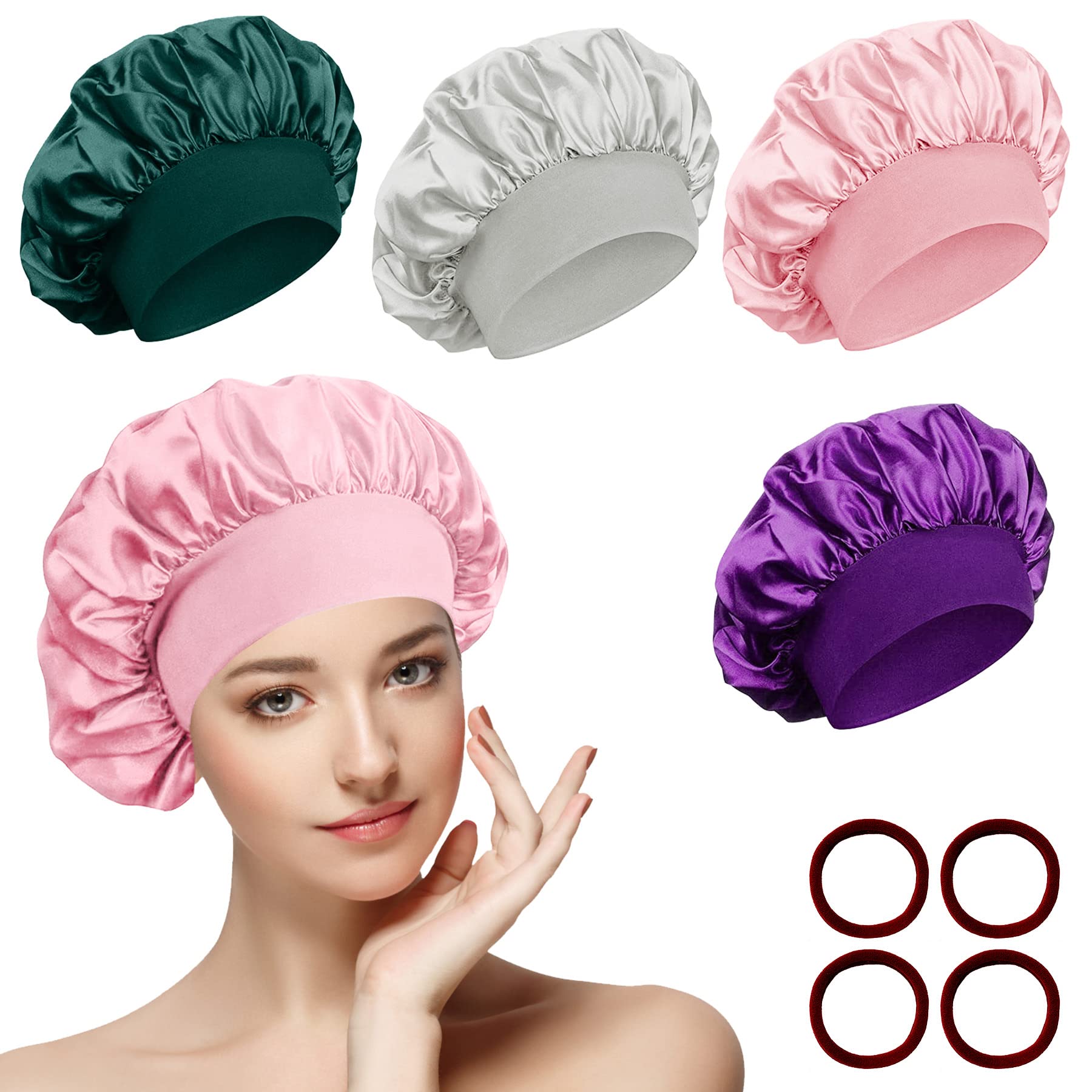 SOMLAW Pack of 4 Satin Bonnet Night Sleeping Cap with 4 Elastic Hair Bobbles, Adjustable Night Hat, Bonnet Sleeping, Soft Satin Hat, Shower Cap, Headwear for Women and Girls