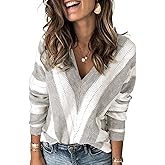 FEKOAFE Womens 2026 Deep V Neck Sweaters Striped Long Sleeve Knit Pullover Sweaters for Women