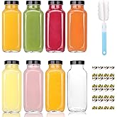 Glxgow 8 Pack 8 oz Glass Juice Bottles with Lids & Labels, Reusable Travel Juice Storage Containers, Clear Glass Drink Jars for Juicing, Water, Ginger, Wellness Shots - Leakproof, Dishwasher Safe
