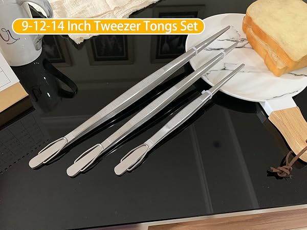 JETKONG EXTRA LONG KITCHEN TWEEZERS HEAVY DUTY STAINLESS STEEL COOKING TWEEZERS, SET OF 3 (9 12 14 INCH, BLACK)