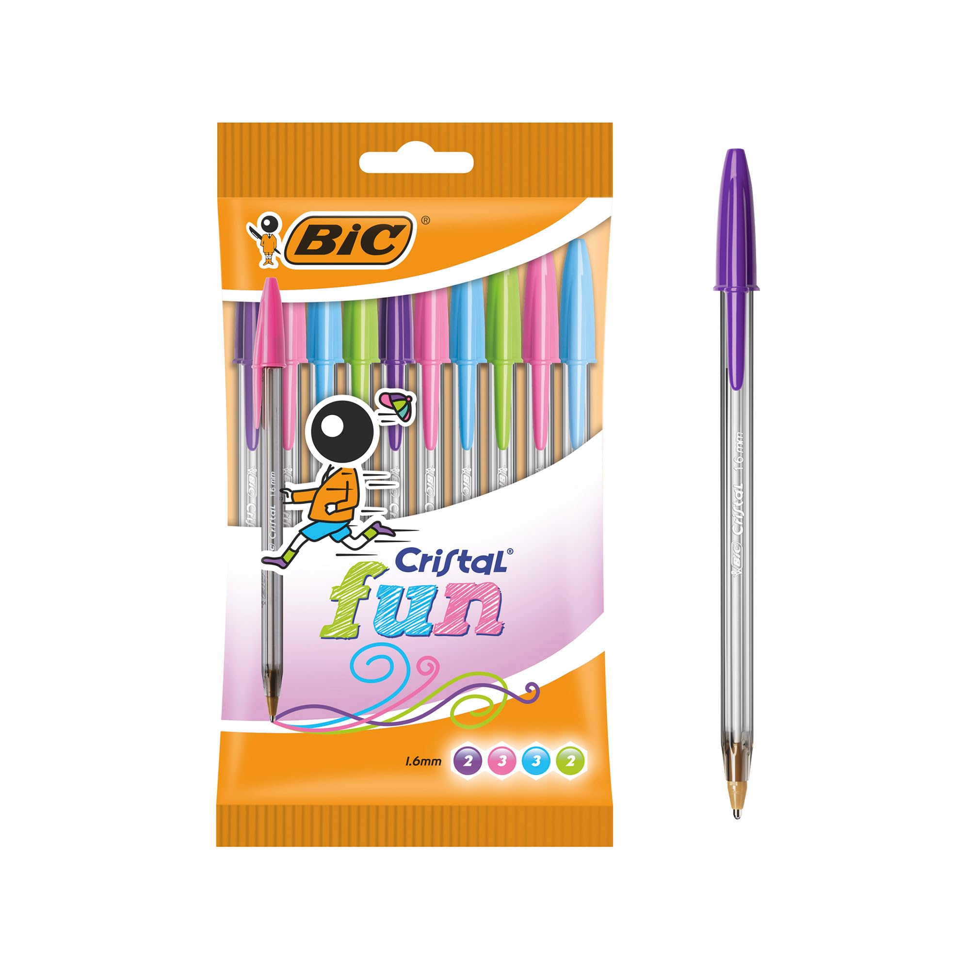 BIC Cristal Fun Ballpoint Pens with 5 Assorted Ink Colours, Wide Point (1.6 mm), Pack of 10