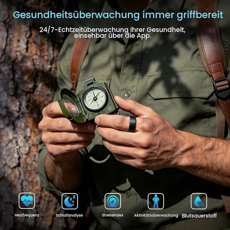 Smart Ring Herren Damen, Fitness Ring Tracker mit Gestensteuerung, Herzfrequenz(HRV), SpO2, Schlaftracker, 170+ Sportmodi 5ATM Wasserdicht Smartring für Android und iOS, Size 11, Schwarz — Foto 4 von 8