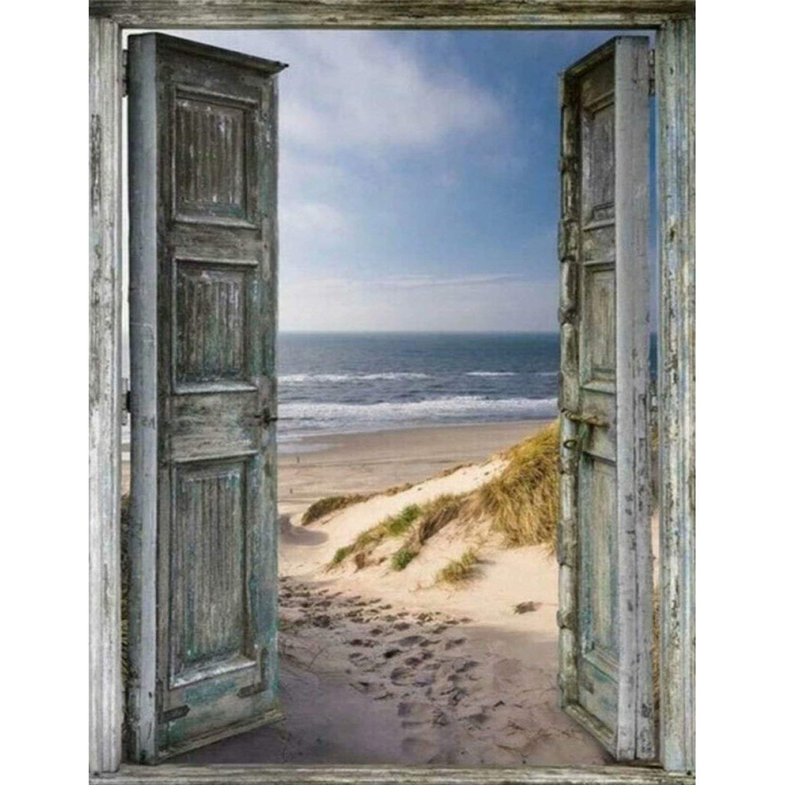 Cross Stitch Kits for Adults with Sea Beach Door, Easy Pre Printed Stamped Counted Cross Stitch Kit for Adults Beginners Kids UK, Starter Advanced Easy Crossstitch Embroidery Patterns Set Needlepoint