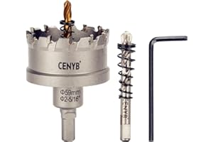 CENYB 2-5/16" (59mm) Tungsten Carbide Tipped Hole Saw with 2Pcs Titanium-Plated Pilot Drill Bits for Hard Metal,Stainless Steel,Iron,Aluminum Alloy,Wood and Plastic