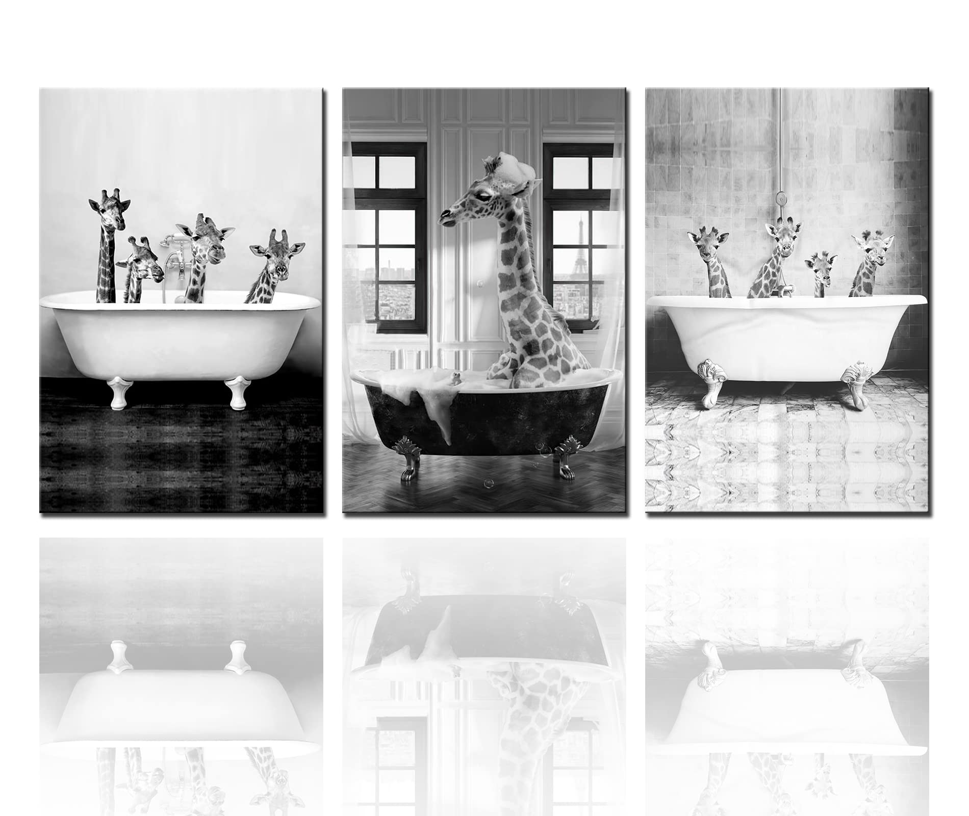 Bathroom Canvas Wall Art Giraffe in Bath Black White Grey Animals Pictures Home Decor for Bathroom Ready to Hang 42“W × 20 H”