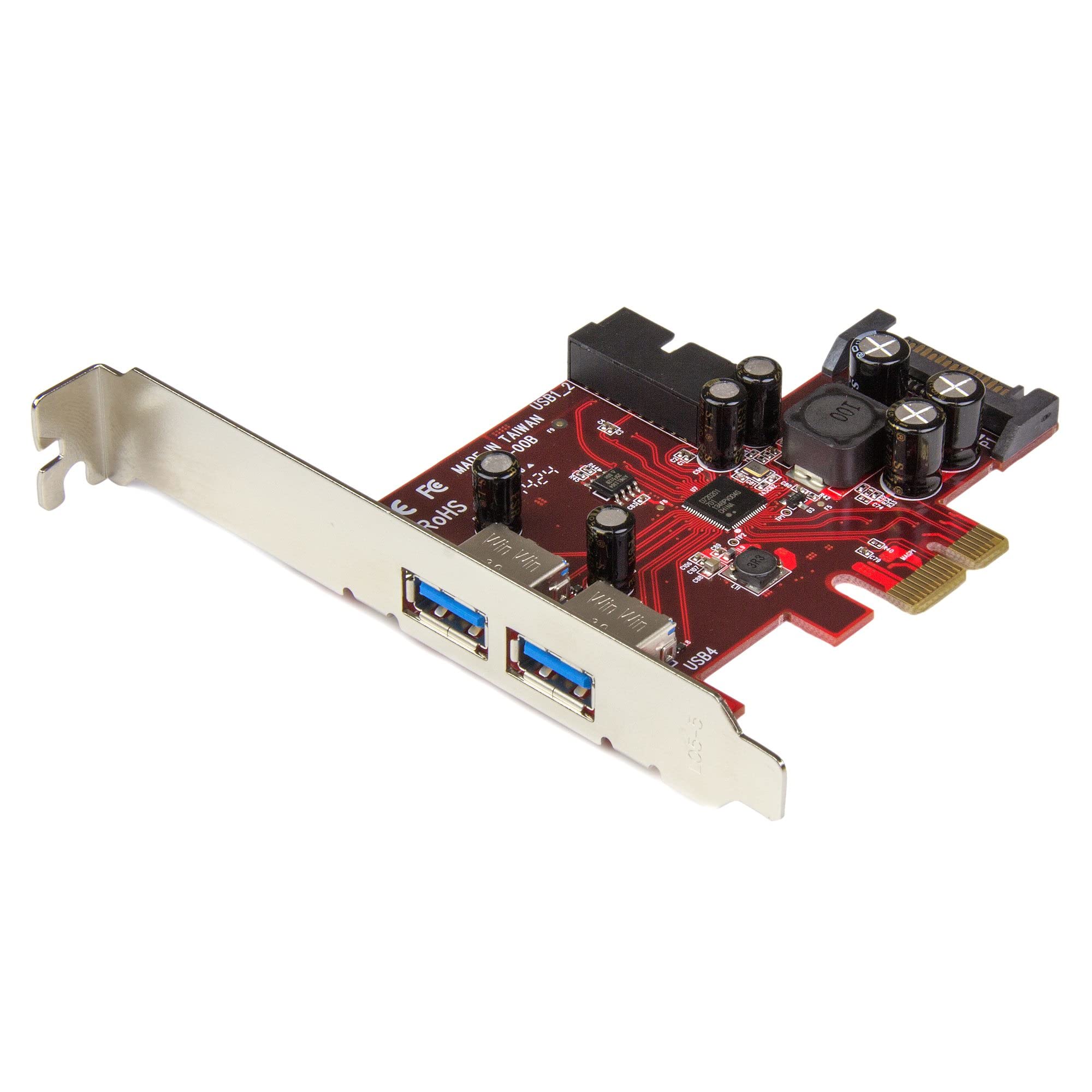 StarTech.com 4 Port PCI Express USB 3.0 Card - 2 External & 2 Internal - SATA Power - UASP Support - 2x Int Motherboard-Style Headers (PEXUSB3S2EI) , Metallic/Red