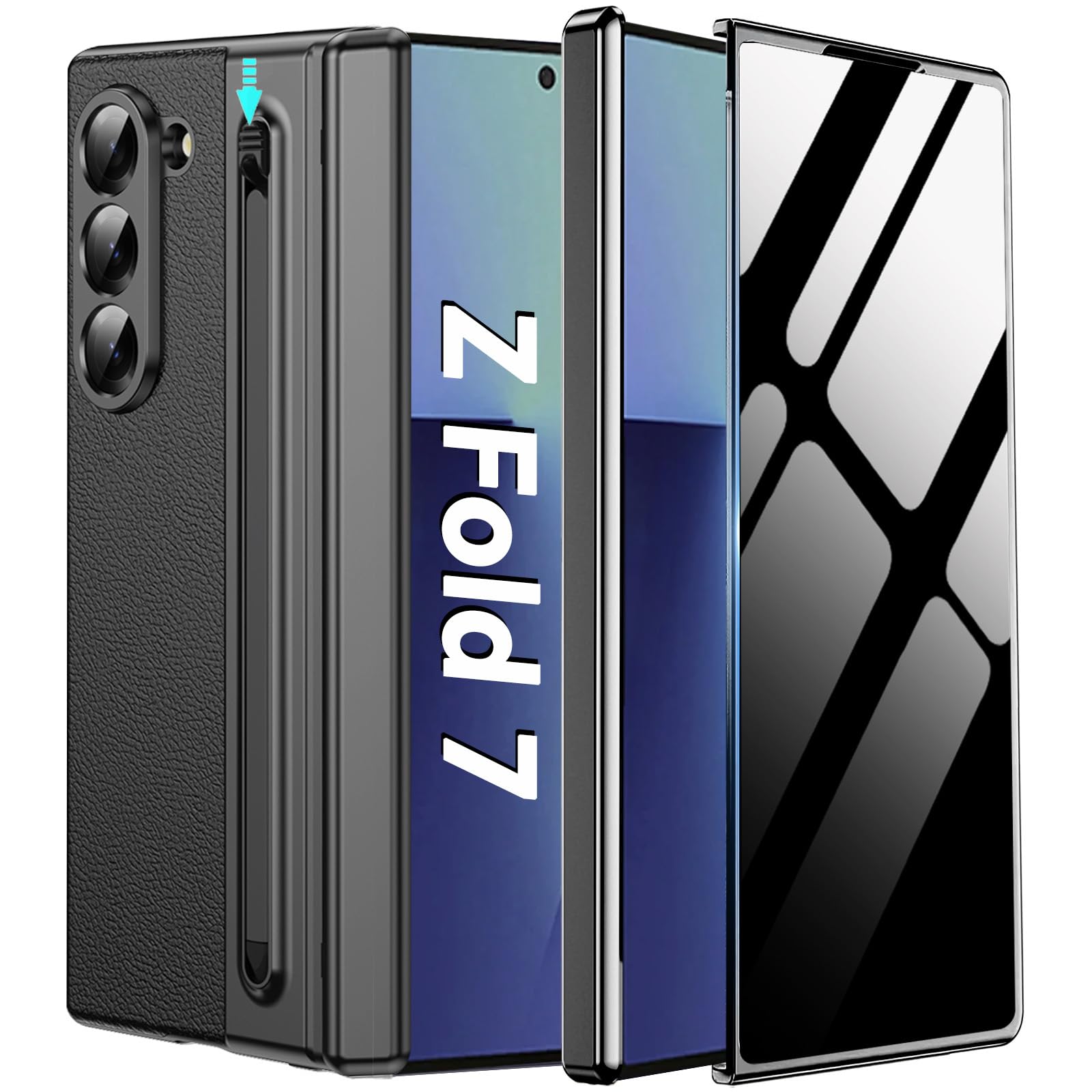Photo 1 of Deekeewe Case for Samsung Galaxy Z Fold 7 with Privacy Screen Protector?Hinge Protection,Slim Leather Phone Case with Writing Pen?S Pen Holder Protective Cover for Galaxy Z Fold 7 2025,Black