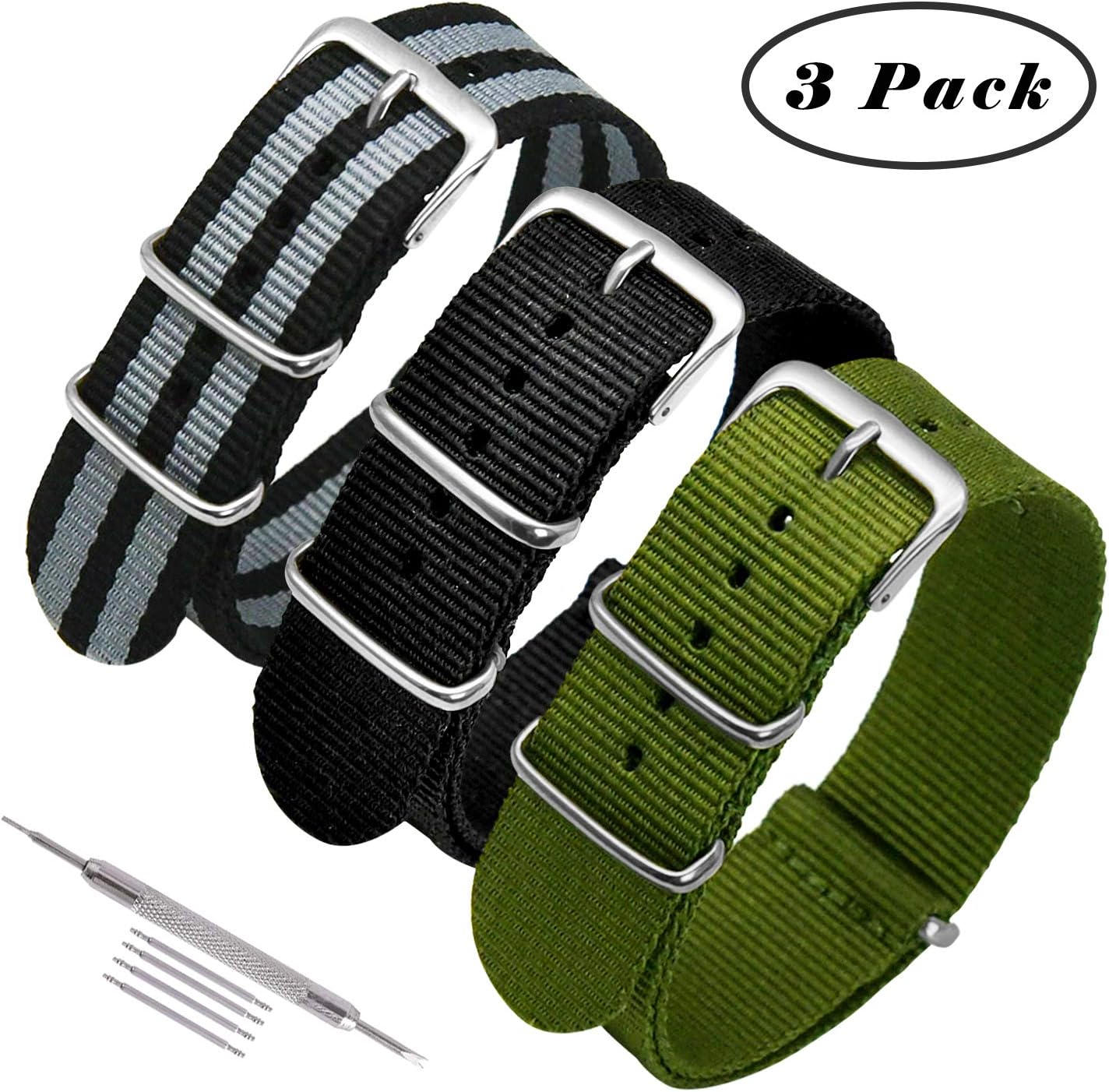 NATO Watch Straps 3 Pack Ballistic Nylon Replacement Watch Bands Military Canvas with Stainless Steel Buckle for Men Casual Classic Watches Accessories 20mm 22mm