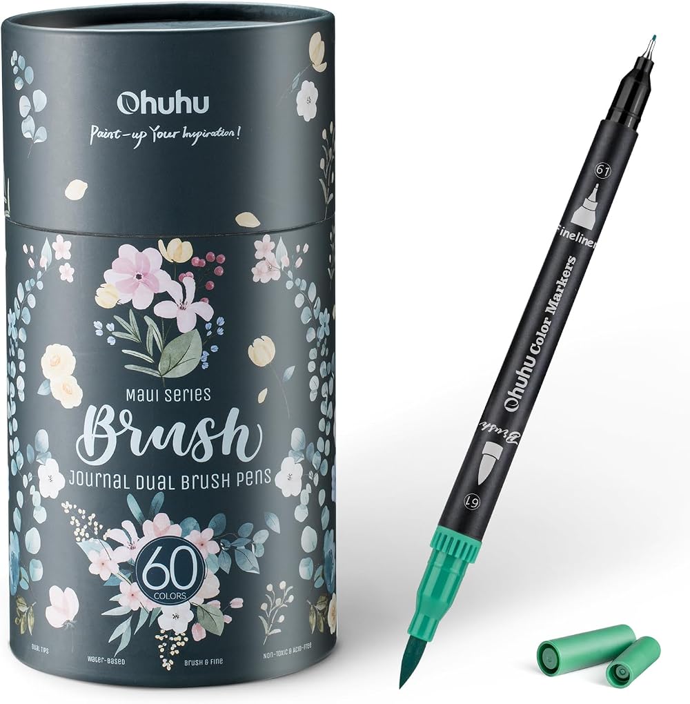 Ohuhu 60 Dual Tip Colouring Pens Brush Fineliner Set Art Markers Maui Black