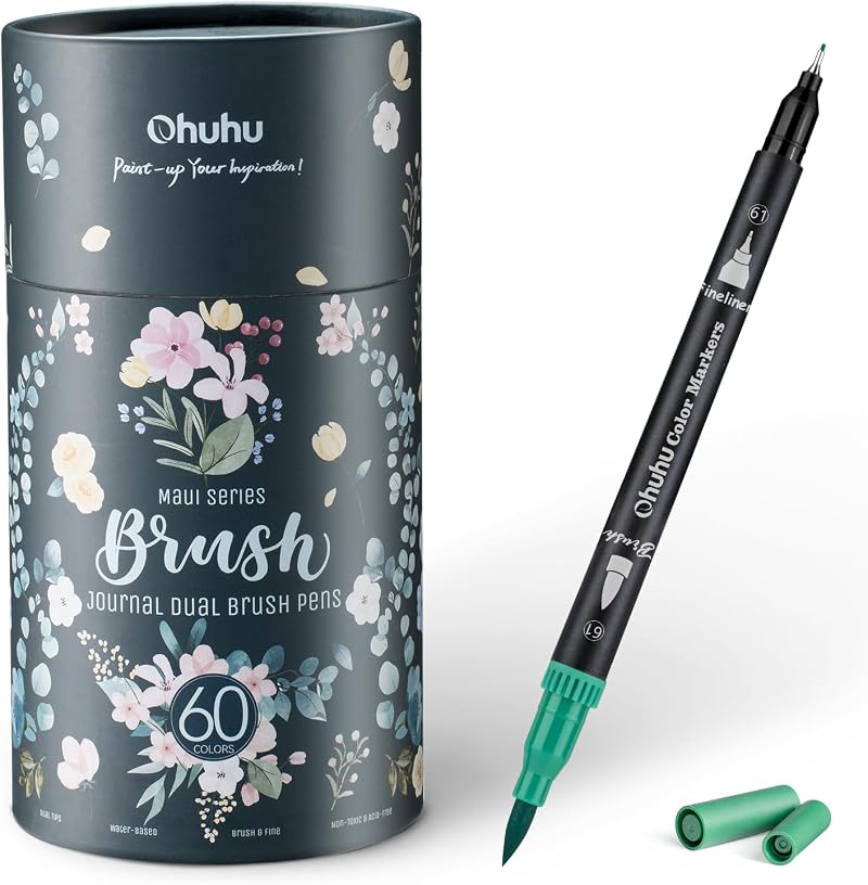 Ohuhu 60 Dual Tip Colouring Pens Brush Fineliner Set Art Markers Maui Black