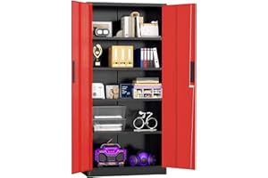 Superday Metal Storage Cabinets, 71" Storage Cabinet with Locking Door, Tall Garage Cabinet with 2 Doors and 4 Adjustable Shelves for Home Office, Classroom, Easy Assemble(Black Red)