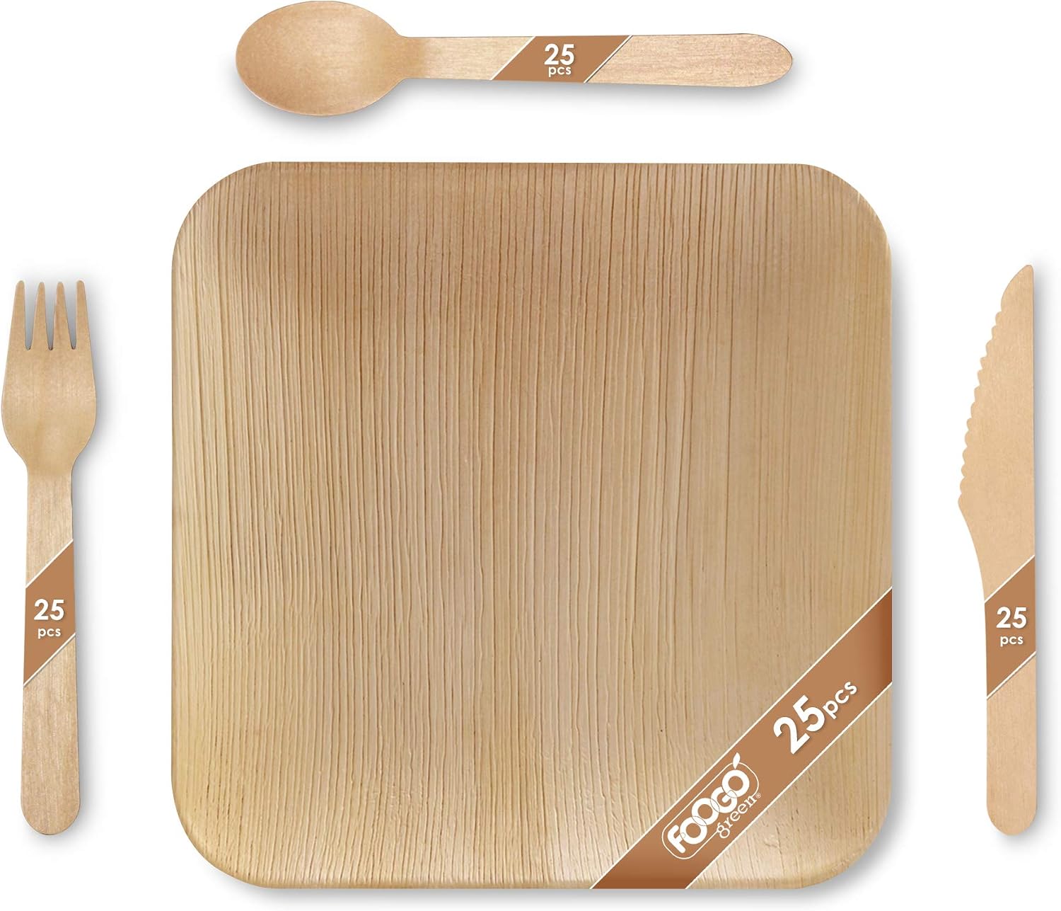 FOOGO Green 100pcs Disposable Palm Leaf Plates and Wooden Cutlery Set, FSC® Certified, 25x Large Square Plates, 25x Forks