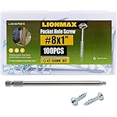 LIONMAX Pocket Hole Screws 1 Inch, 100 PCS Interior Pocket Screw #8 x 1, Coarse Thread, Square Drive, Washer Head, Zinc Plated Pocket Hole Screws, 150MM Drive Bit Included