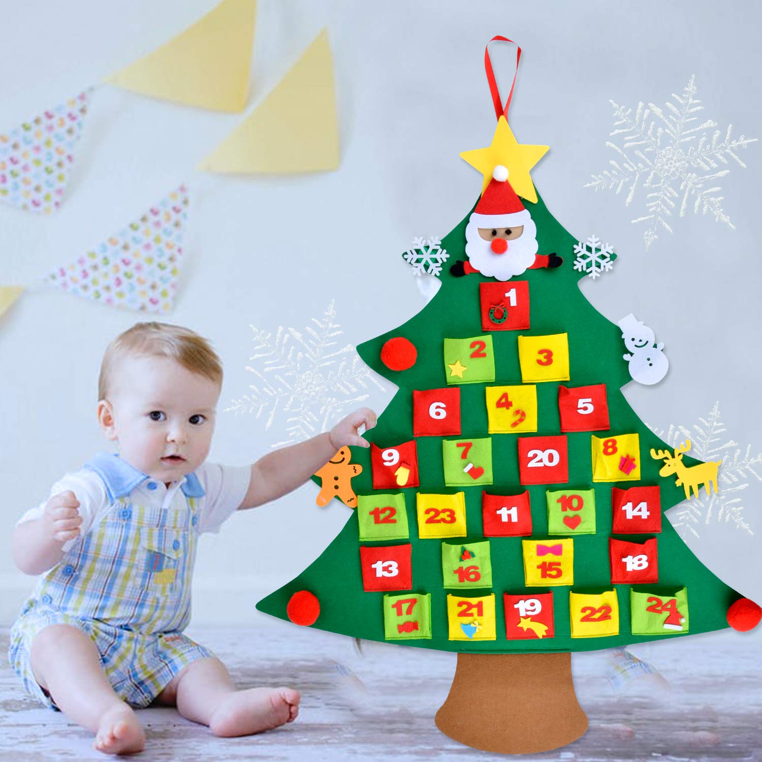 Coxeer Felt Christmas Tree Advent Calendar Pocket Count Down Calendar DIY Xmas Wall Hanging Tree Calendars with 10 PCS Ornaments Gift for Kids Christmas Decorations